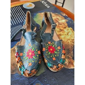 Mexican Huarache Sandals Teal Leather Floral Embroidered Woven Flats Womens 7 38